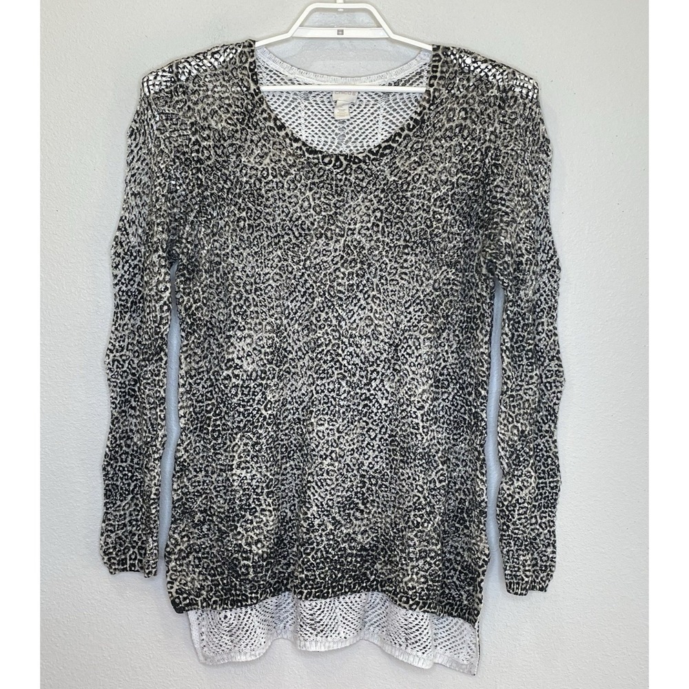 Chico's Open Knit Tunic Sweater Womens Sz 2‎ Animal Print Long Sleeve Round Neck